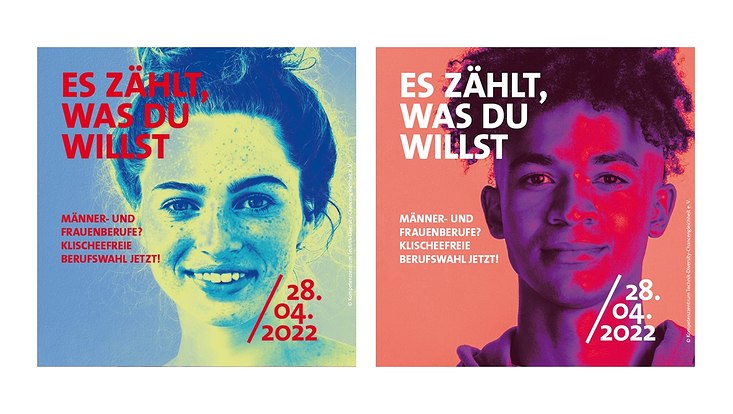 On the left there On the left is the head of a girl in blue-yellow, on the right is that of a boy in pink-red. On both it says: It counts what you want.